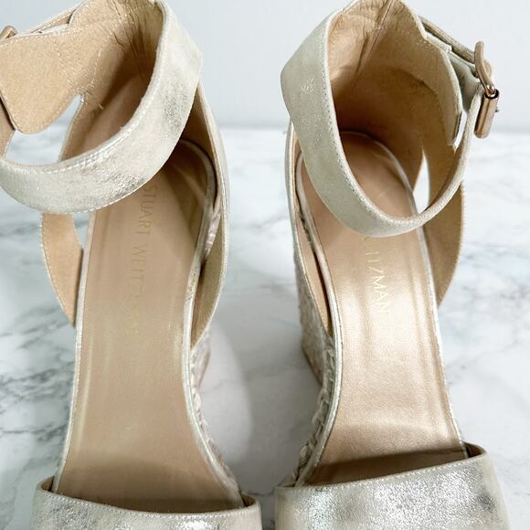 Stuart Weitzman Mostly Platform Metallic Suede Espadrille Wedge Sandals Size 9.5 - Picture 5 of 14